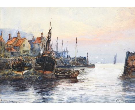 Frank (Frederick) William Scarborough (1860-1939)"A Fishing Haven, Coast of Fife" Signed and inscribed, watercolour heightene