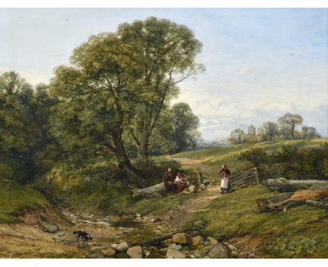 Thomas Creswick RA (1811-1869)Rustic family at rest beside a stream in an extensive landscapeSigned, oil on canvas, 69cm by 8