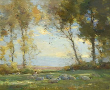William Miller Frazer RSA (1864-1961)Sheep and rustic figure at rest in a Summer landscape Signed, oil on canvas, 44cm by 54.