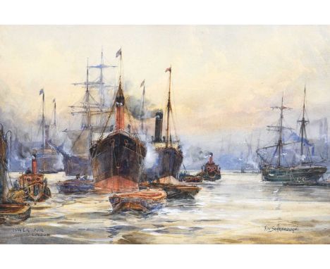 Frank (Frederick) William Scarborough (1860-1939)"Lower Pool, London"Signed and inscribed, watercolour heightened with white,