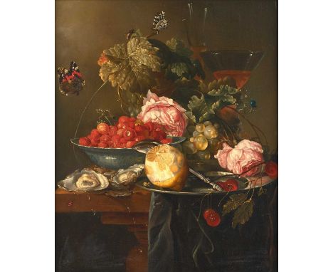 Manner of Jacob van Walscapelle (1644-1727) DutchAn abundant still life with silver plate and spoon, a cut lemon, oysters, wi