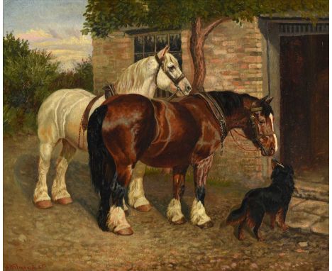 Amos Watmough (Exh.1884-85) Two heavy horses and a dog at an open doorway  Signed and dated (18)85, oil on canvas, 49cm by 59
