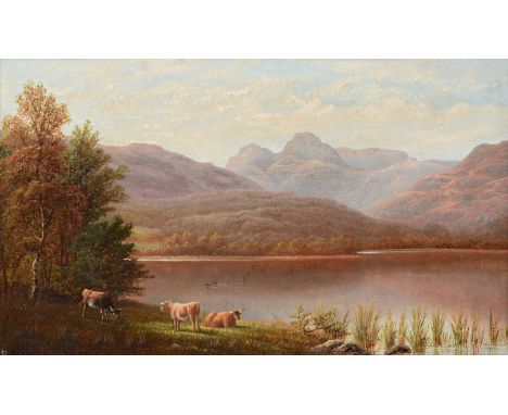 William Mellor (1851-1931)"Langdale Pikes, from Elterwater, Westmorland"Signed and inscribed verso, oil on canvas, 29cm by 49