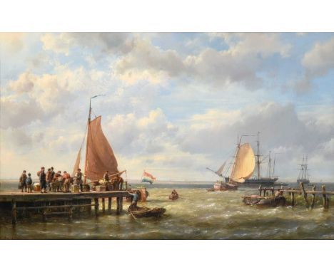 Hermanus Koekkoek Snr. (1815-1882) Dutch Provisioning a tall ship at anchor Signed, oil on canvas, 35cm by 57cm Provenance: M