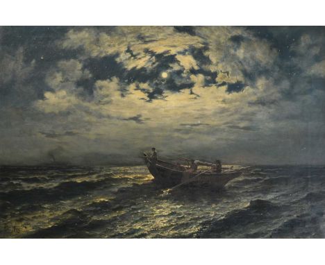 Jacob Silven (1851-1924) Swedish Nocturne scene with fishermanSigned and dated 1889, inscribed artist's name to frame on reve