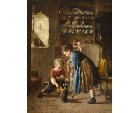 Paul Seignac (1826-1904) French  "Here Kitty" Signed, oil on canvas, 34cm by 25.5cm Provenance: The Willow Gallery, Surrey  U