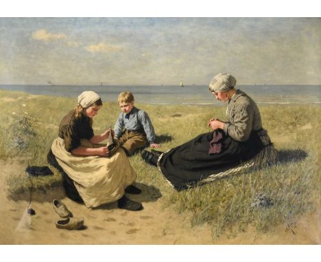 David Adolf Constant Artz (1837-1890) Dutch  The Toy Boat - fisherman's wife with children on a sand dune  Signed, oil on can