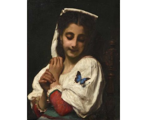 Adolphe Piot (1831-1910) French  Le Papillon Bleu Signed, oil on canvas board, 56.5cm by 44cm  Backboard. Reverse of work not