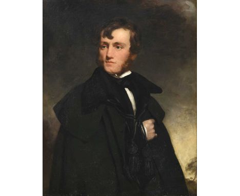 British School (19th Century)Portrait of a gentleman, three quarter length standing, wearing a black cape, a view of a landsc