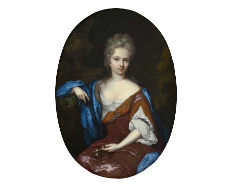 Follower of Sir Godfrey Kneller (1646-1723)Portrait of a lady, three-quarter length seated, wearing a burnt orange dress with