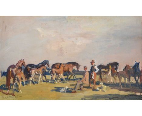 Sir Alfred Munnings KCVO, PRA, RI (1878-1959) "Lord Astor on shooting stick with horses" Signed (twice), indistinctly inscrib