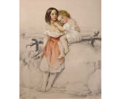 John Lamont Brodie (c.1824/1827-1898) Young girl and child at rest in a landscape  Signed and dated 1858, mixed media, 74.5cm