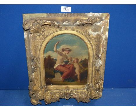 A gilt gesso frame containing a well painted Oil on oak panel of a young girl holding a bow aloft from a cupid/putto in a cla