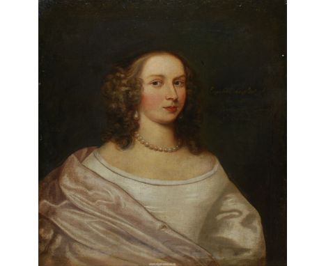 A framed oil painting, a skilled and appealing early Portrait of a Lady, entitled "Elizabeth Daughter of Sapcote to Viscount 