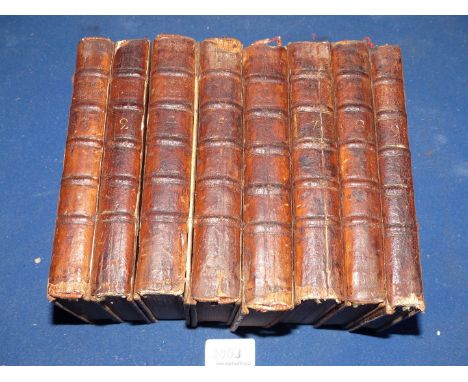 Eight leather bound volumes of "The Works of Alexander Pope" printed for J and P Knapton, H Lintoft, Jan R Tonson and S Drape