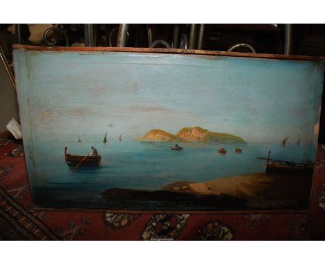An unframed Oil/Gouache painting on canvas, a naive seascape with fishing boats twixt the shore and an island, 10 3/8'' x 20'