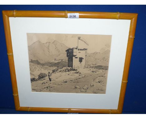 A bamboo style framed and mounted Lithograph Print depicting a tower with a windsock and a soldier with a rifle, labelled low