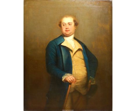 A framed Oil on canvas Portrait of a portly Gentleman with early hair styles and wearing a blue coat and beige waistcoat, his