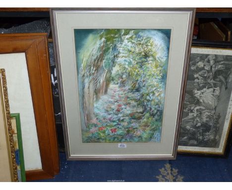 A large framed and mounted coloured Charcoal Drawing depicting a garden scene with a tree lined arch and colourful flowers wi