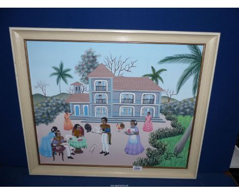 A framed Oil on board depicting an Indian family and valet in a garden scene, signed lower right 'Yves Atienn Shaiten'? 26 3/