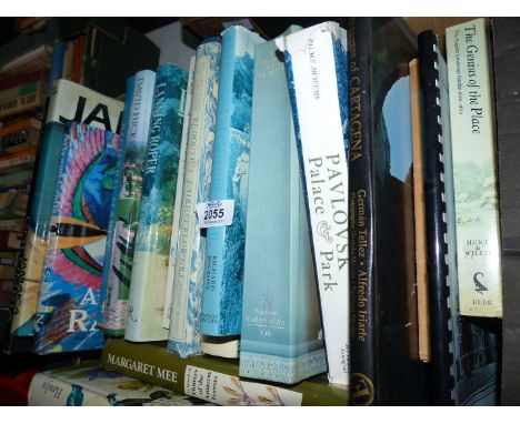 A box of gardening books and travel books to include "Pavlovsk Palace and Park", shrubs, garden ornaments etc.