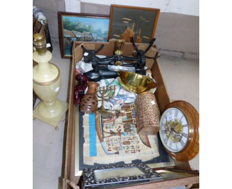 A set of brass and metal scales by Libra Scale Co; a papyrus picture; other pictures; etc.
