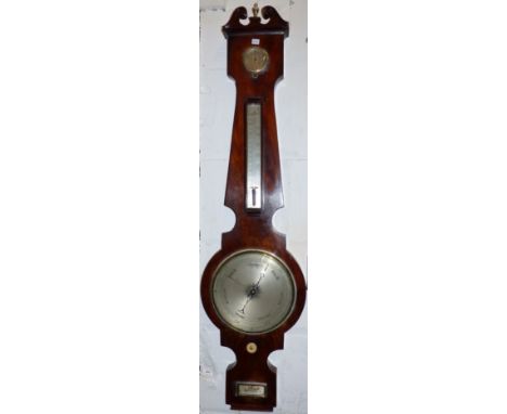 An early 19th century mahogany banjo shaped barometer, mercury column with silvered scale, thermometer and hygrometer, by H K