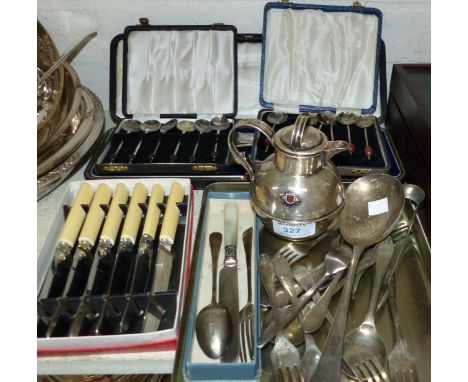 A silver plated covered jug with enamel Jersey badge, 1932; a silver 3 piece christening set; silver plate, boxed