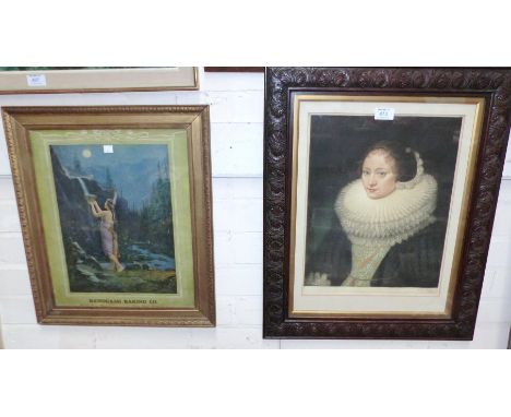 A 19th century mezzotint:  Elizabethan Lady, signed in pencil 'Arthur Hogg', framed and glazed; a framed advertising poster f