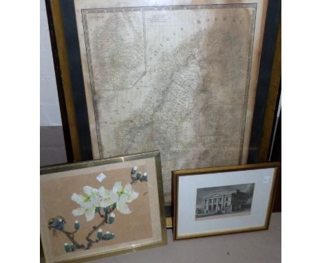 A framed map of Denmark; pictures and prints