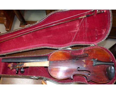 A Stradivarius pattern violin 2 piece, back 143/8'' with bow, cased