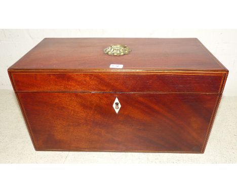 A Georgian inlaid mahogany rectangular tea caddy with 2 divisions and white metal mixing bowl