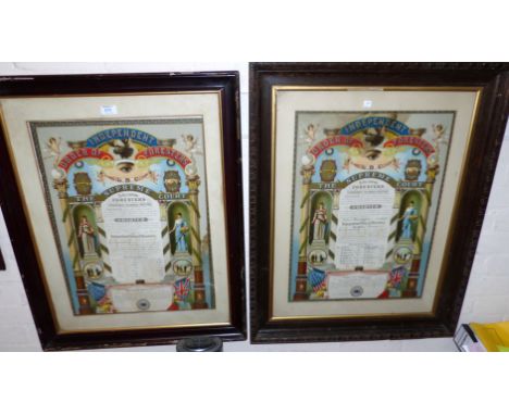Two Independent Order of Foresters chromo litho charter prints with signatures Rochdale 1927 - 28 framed