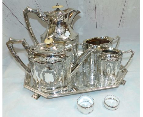 A 19th century EPNS rectangular tray with canted corners, 14"; 2 silver napkin rings; a Victorian 4 piece tea service