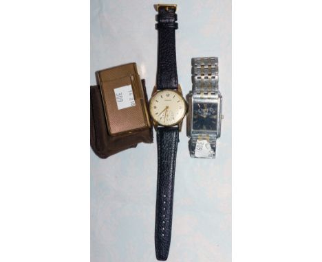 A 1960's gent's vintage Longines wristwatch, 9 carat hallmarked gold, on black strap; a stainless steel wristwatch; a Dupont 