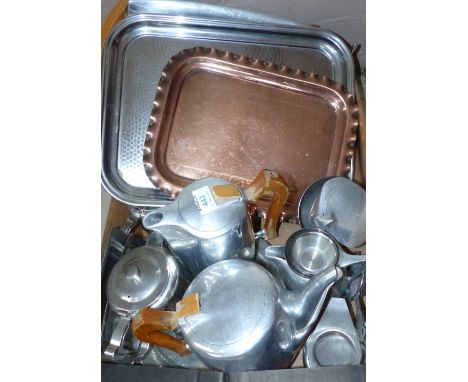 A Picquot ware tea service and tray; a similar stainless steel set; other metalware