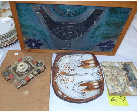 A ceramic slab built sculpture "Ashlar", by A & P Plant, mounted, 15" overall; a high fired ceramic panel depicting a bird, 1