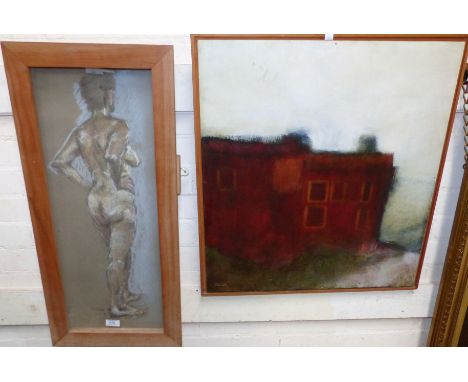 A Treweek:  Impressionist building, oil on board, 26" x 23", signed and framed; J Dooley:  pastel study of a female nude, mon