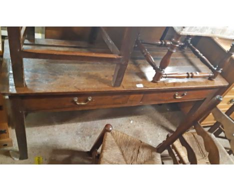 A 1.4m antique oak side table with plate rail to top and two frieze drawers, set on square tapered legs