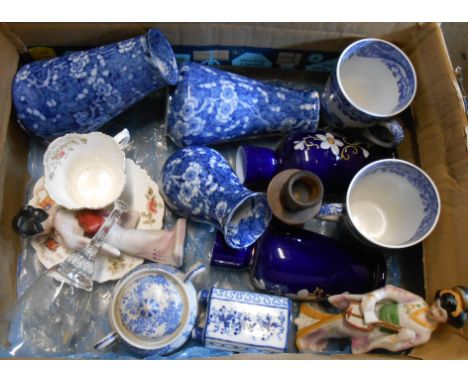 A box containing a quantity of assorted ceramics and glassware including Bisto prunus decorated vases, Copeland Spode Italian