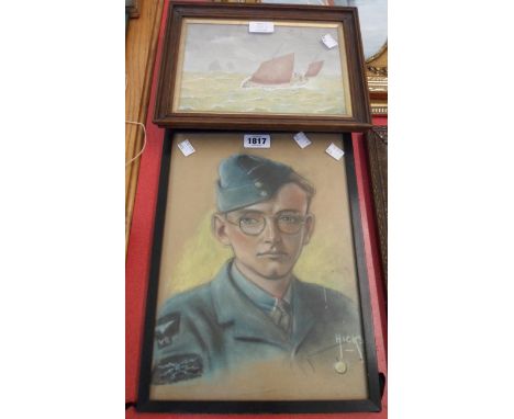 Hicks: a framed pastel portrait of an America serviceman - sold with a framed maritime watercolour