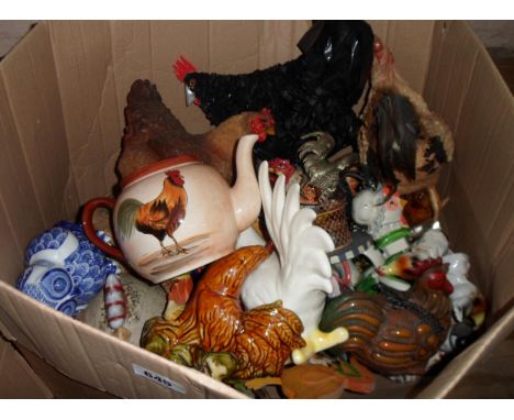 A box containing a large quantity of mainly chicken related ceramic and other items