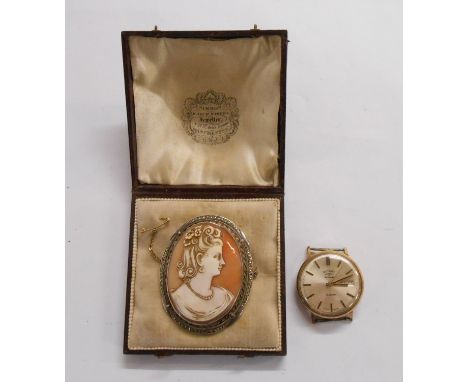 A vintage Rotary 9ct. gold wristwatch - winder a/f - sold with a large oval cameo brooch