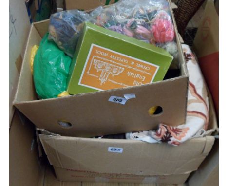 A box containing assorted textiles including Sanderson, etc. - sold with a box containing tapestry wool, etc.