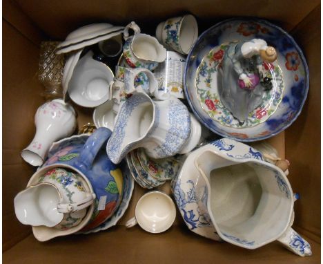 A box containing a quantity of assorted ceramic and glass items including Booths Floradora part coffee set, Masons blue and w