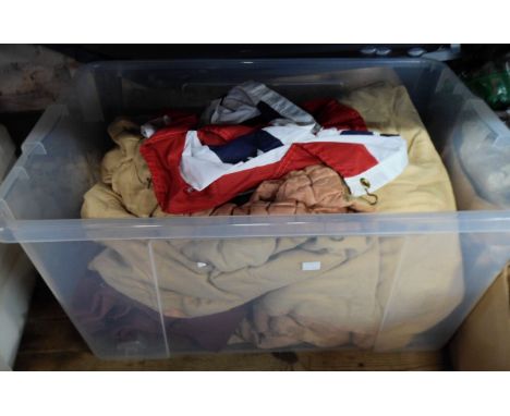 A crate containing two large single lined curtains, etc.