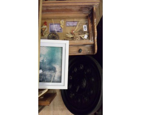A boxed framed coloured print - sold with a decorative wall plaque and a framed wall mounted chicken themed rack