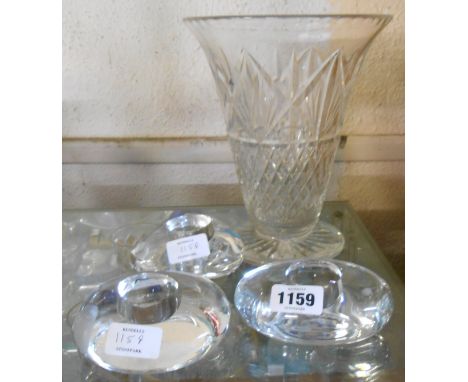 Three Orrefors crystal table form candle holders - sold with a large Thomas Webb cut crystal vase