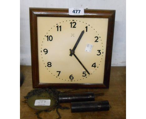 A vintage square dial wall clock with HAC twin weight driven bell striking movement