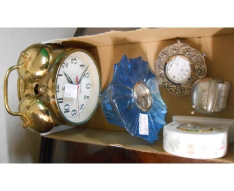 Four small decorative timepieces - sold with a Westclox mechanical alarm clock